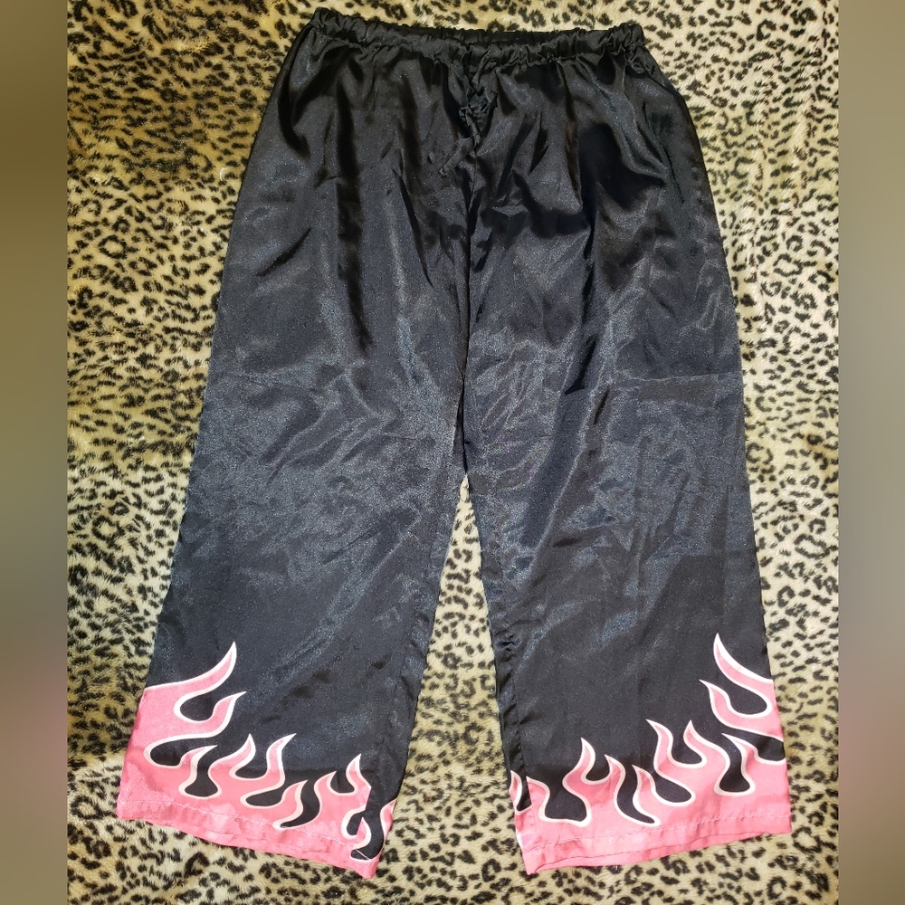 Vintage Torrid Black SatinPants with Pink Flame Trim